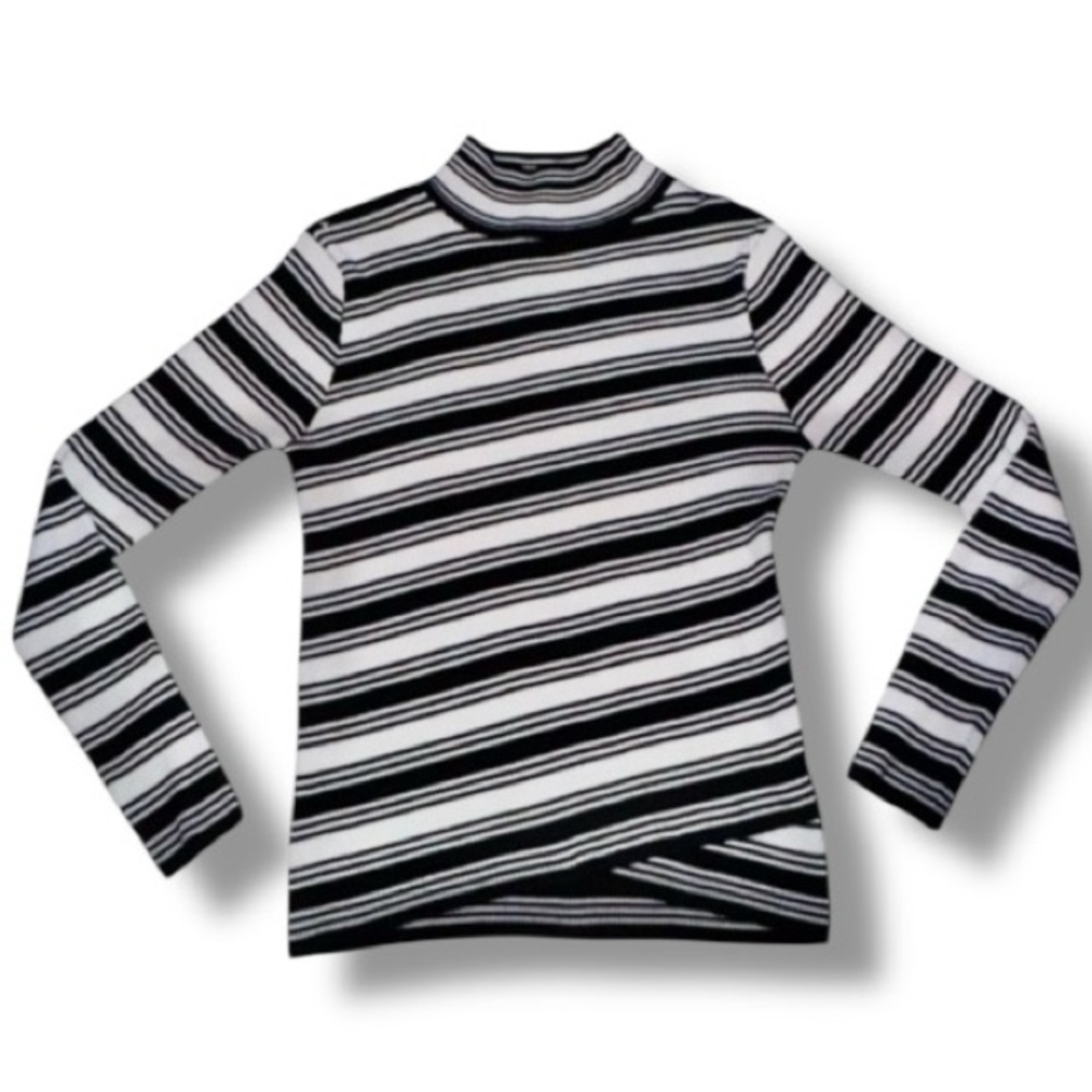 Say What? Sweater Black & White Asymmetrical Striped Turtleneck - Junior’s L